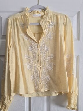 Embroidered Ruffle-Neck Blouse in Light Yellow